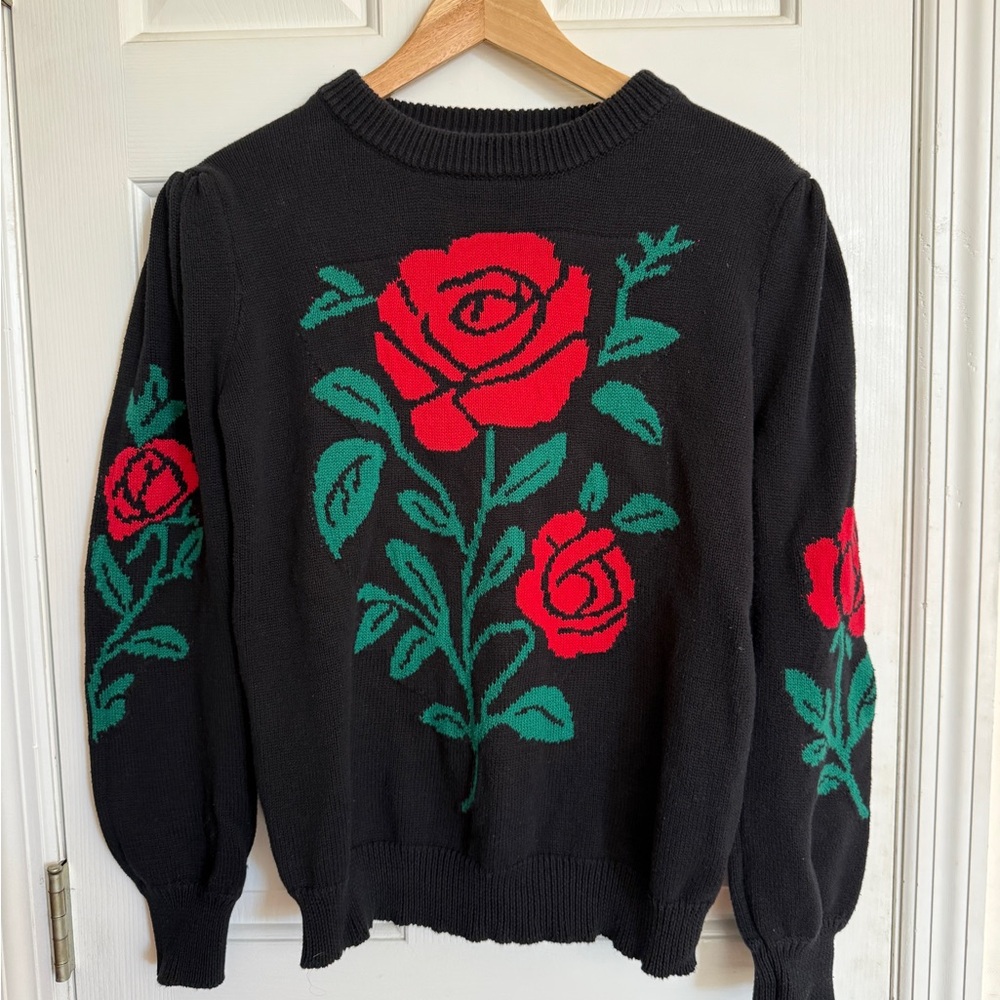 Black Sweater with Red Rose Motif - Women